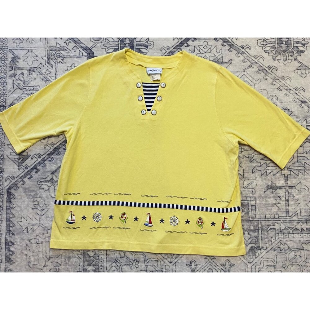 Vtg BonWorth Womens Petite Small‎ Yellow Nautical Embroidered Top Cotton Blend